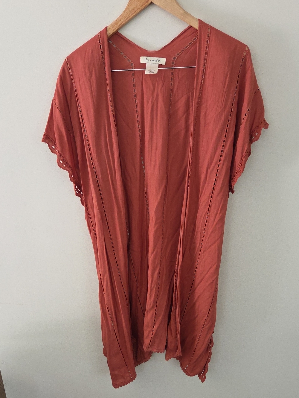 Francesca's Terracotta Open-Front Eyeley Cotton Boho Cardigan
